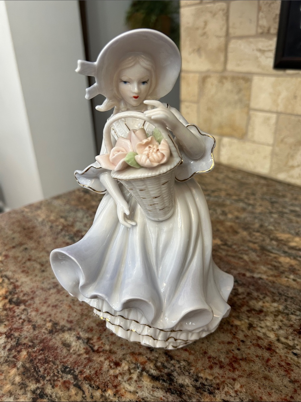 Lenwile Porcelain Girl Figurine with Pink Flowers - Lavender Finish